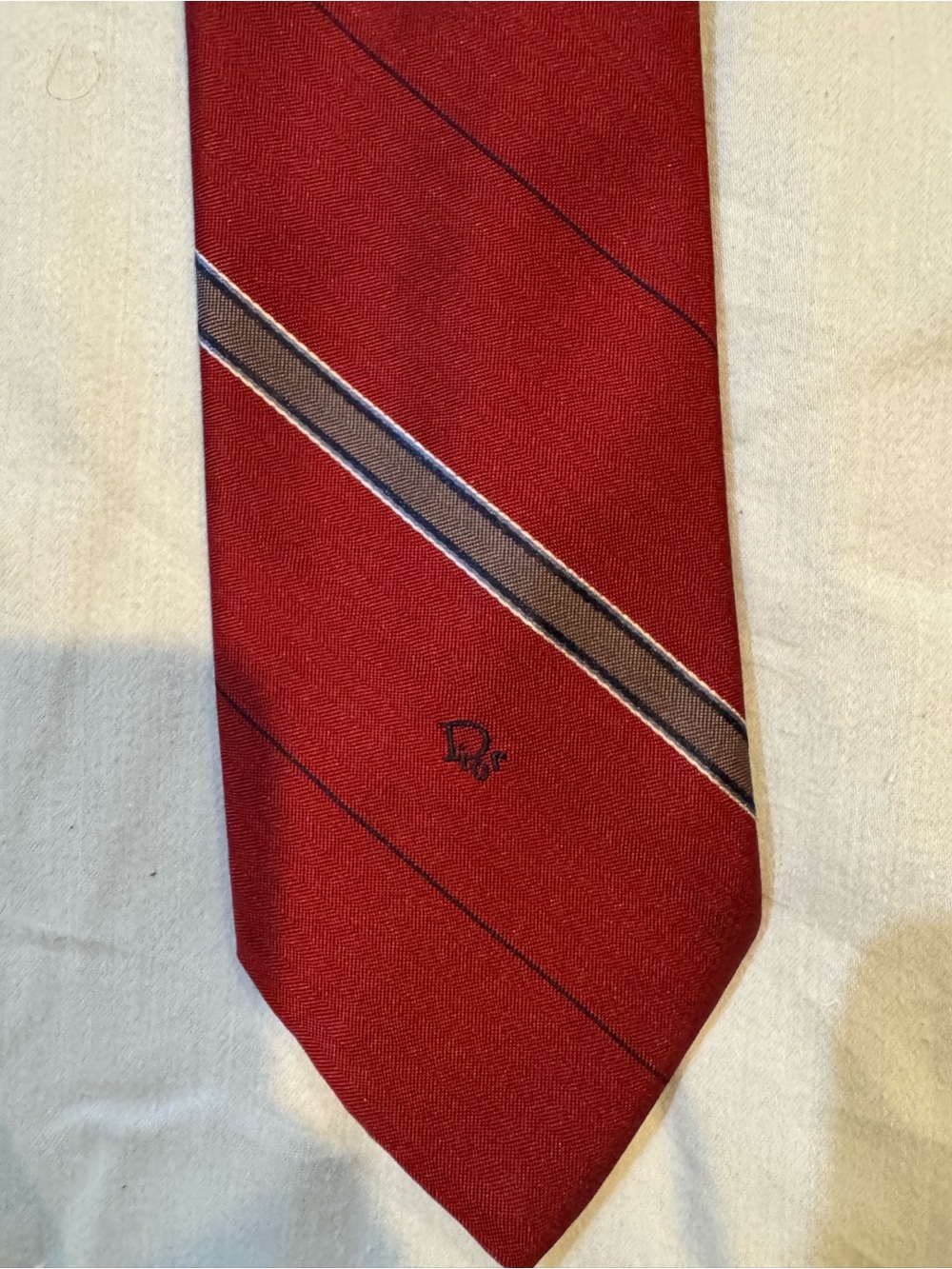 Dior Red Tie with White and Navy Diagonal Stripes